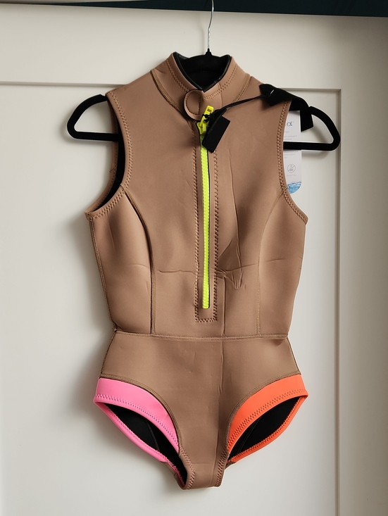 Cynthia Rowley Other - Cynthia Rowley Taupe One-Piece with Neon Yellow Zip Pull